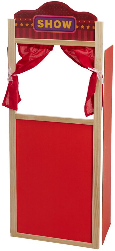 Houten poppenkast met rode gordijnen en een 'SHOW'-bordje, met losse zijpanelen.