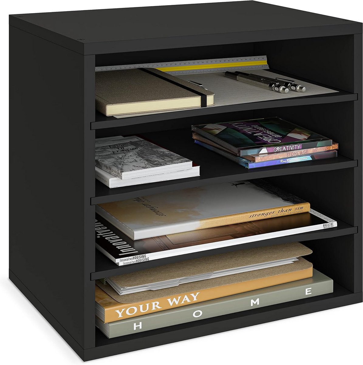 4-laags bureau-organizer met schellen en dia van voorkant - Zwart