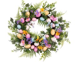 Kunstmatige paaskrans decoratie met groen en bladeren, kleurrijke eieren, muurbloemen, kransen voor binnen en buiten, huis, lente, winter, herfst, bruiloft, Violet-serie