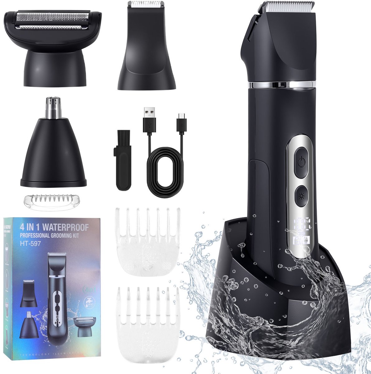 HATTEKER 4-in-1 Multifunctionele Trimmer – Scheerapparaat – Haartrimmer – Neushaartrimmer – LED Display – IPX7 Waterdicht