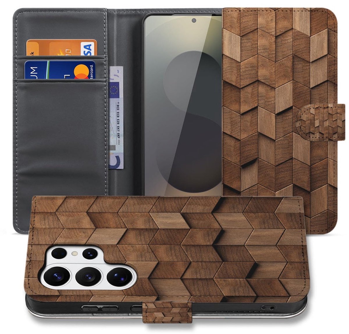 Book Case Samsung Galaxy S26 Ultra Bruin Houtprint Kubusprint met Pasjeshouder