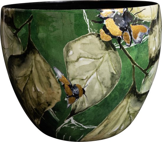 Groene bloempot met bijenprint en gouden details.