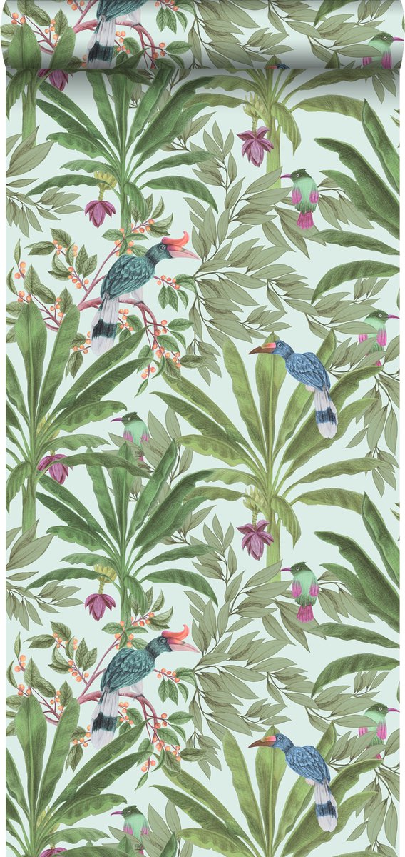 Proefstaal Walls4You behang tropische jungle bladeren en paradijsvogels mintgroen en groen - 26,5 x 21 cm - 935331-S