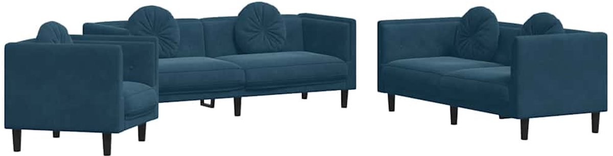 vidaXL - 3-delige - Loungeset - met - kussens - fluweel - blauw