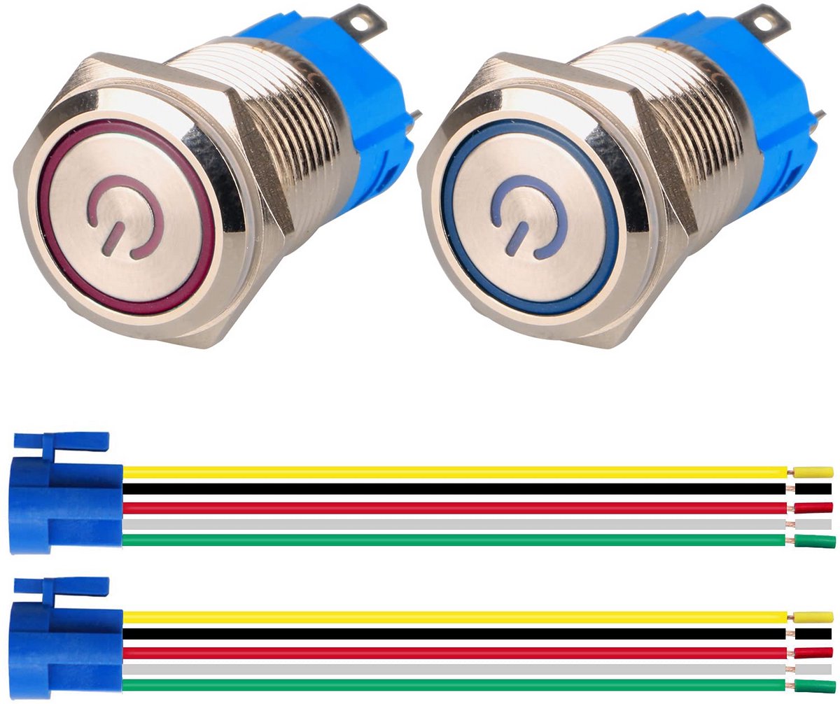 Vergrendeling Drukknop Waterdicht LED Schakelaar voor 16mm Montagegat - Blauw en Rood