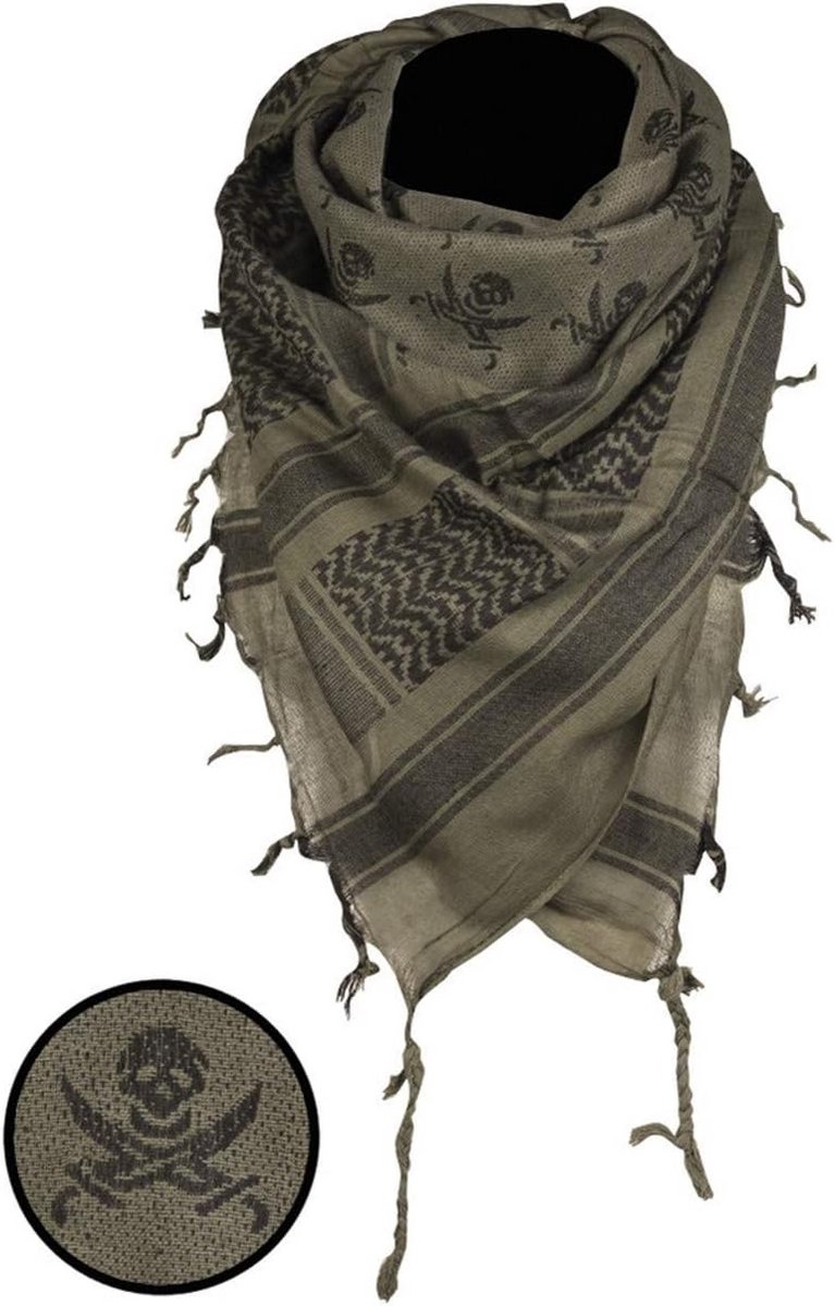 Shemagh PLO-halsdoek 110x110 cm met Doodskop in Olijf/Zwart - Multifunctionele Sjaal