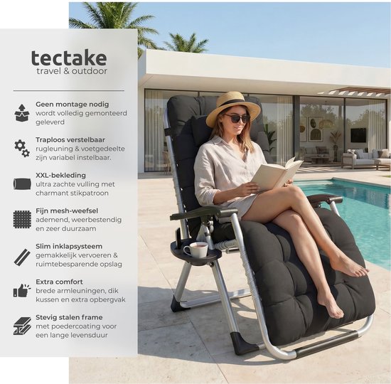 tectake® set van 2 Opvouwbare Ligstoelen Cloud - Tuinstoelen met Bijzettafels - Traploos Verstelbaar - Voor Balkon, Camping of Tuin - Relaxstoelen met extra dik Kussen - Strandstoelen - Ligbed - Div. kleuren - Zwart van Merkloos — afbeelding 2