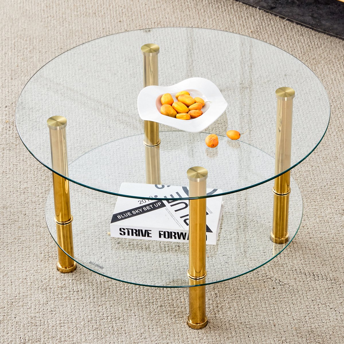 HAUSS SPOLE Salontafel - Tweelaags Glazen Tafel Met Metalen Poten - Voor Woonkamer Of Balkon - Glas Metaal - 70x70x42 Cm - Goud