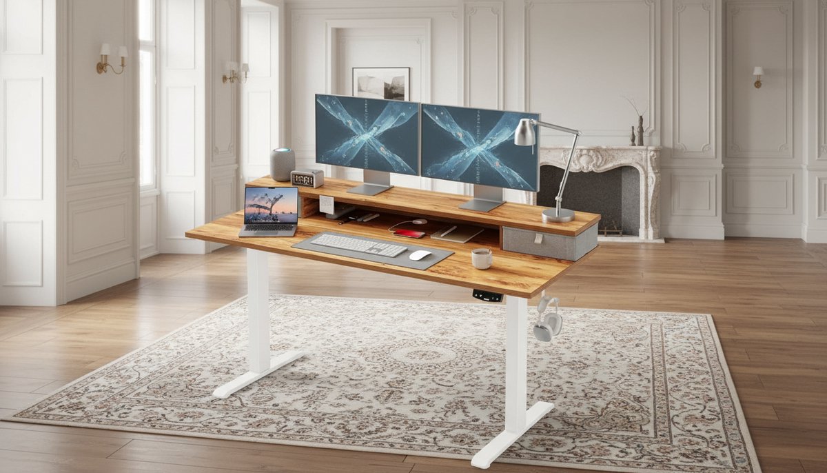 Electric Desk Casa Velluto Elite 140x60 cm – Elektrisch In Hoogte Verstelbaar Zit-Sta Bureau met 2 Laden, Geheugenfunctie en Anti-Botsingstechnologie – Kantoor- en Thuisbureau, Lichtbruin