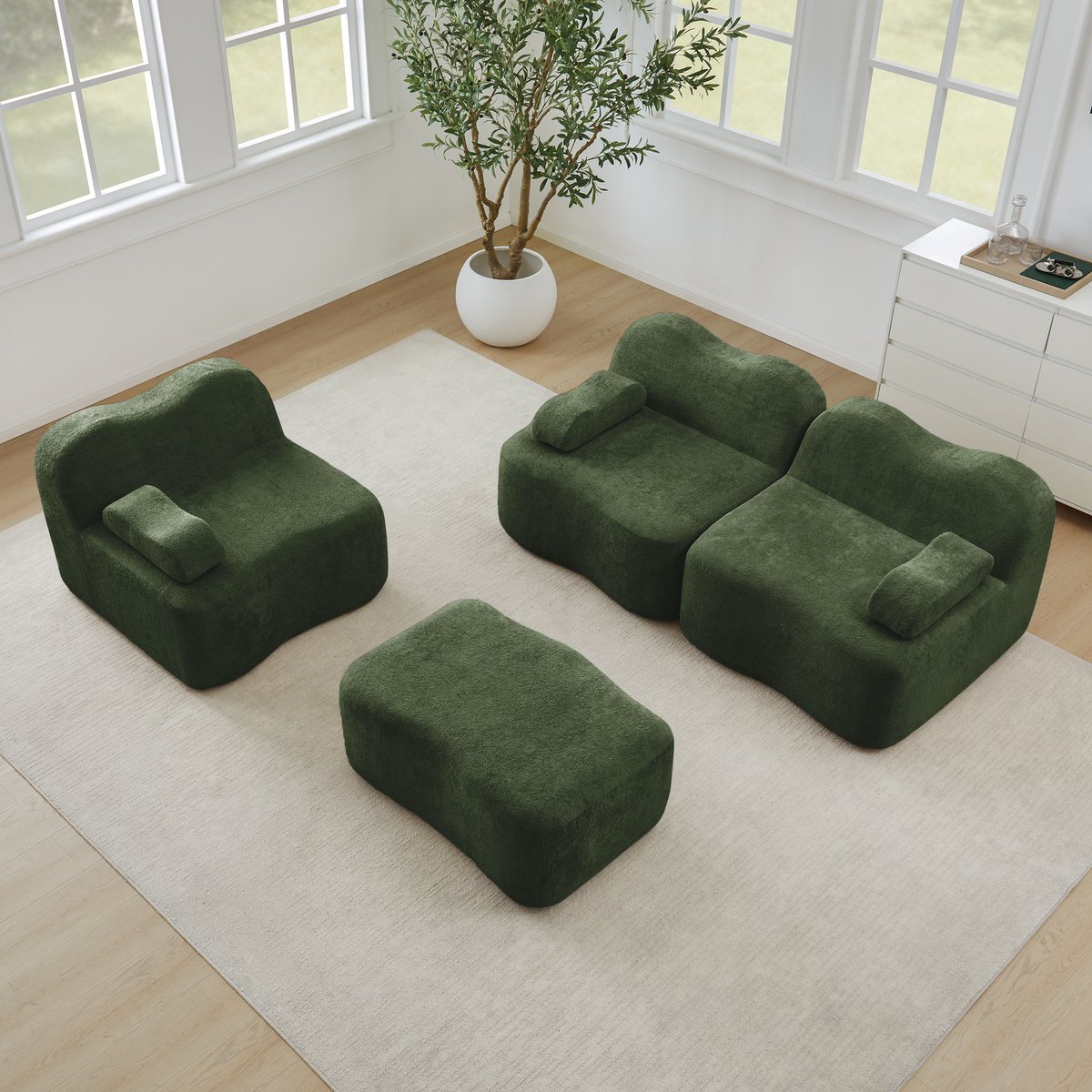 L-vormige modulaire sofa met 3 zitplaatsen – inclusief 1 voetenbank – golvend ontwerp – diepe zittingen – afneembare armleuningen – geschikt voor woonkamers en appartementen – geen montage nodig – groen