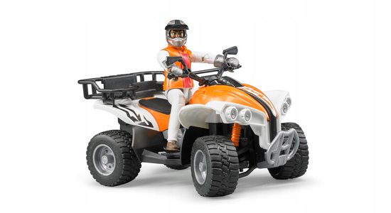 Oranje en witte quad met speelgoedfiguur in oranje vest en witte kleding, rijdend.