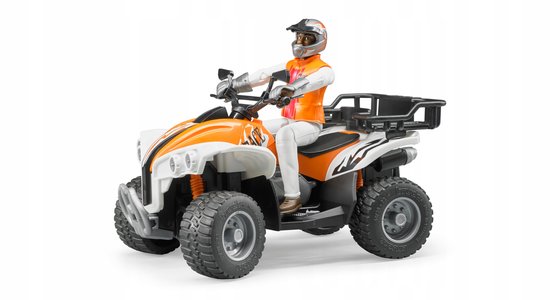 Oranje en witte quad met tiger-strepen en speelgoedfiguur in oranje vest, rijdend.