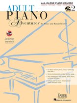 Livre "Adult Piano Adventures" avec un croquis bleu d'un piano à queue et le texte "All-in-One Piano Course" et "CD/DVD Inside".