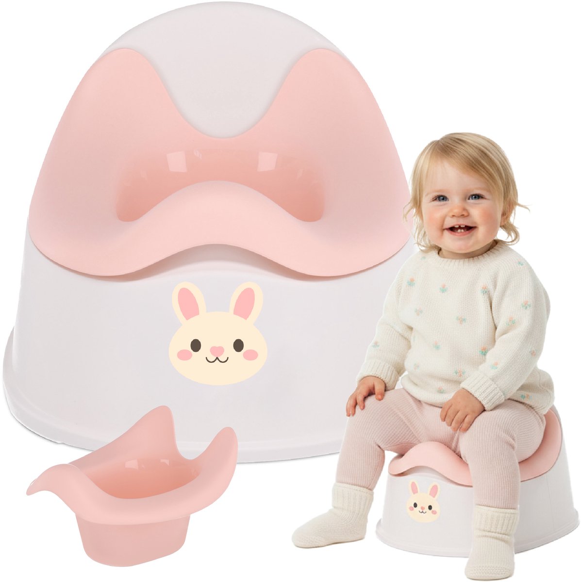 sun baby Potje - 18-36 maanden - antislipvoeten, ergonomische rugleuning, verwijderbare inzet, kunststof, tot 15 kg - Wit-Roze + Sticker Konijn