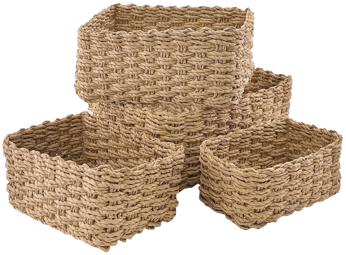 Allecto - Set van 4 Stapelbare Wicker Mandjes - Opbergmanden - Geschikt voor Badkamer en Kinderkamer - Gele Kleur - Braided Opbergmanden - Ideaal v...