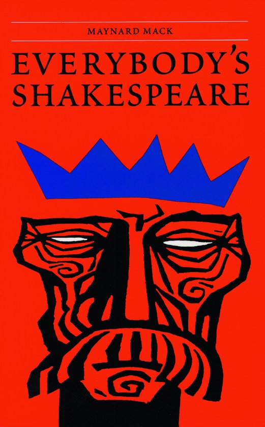 Boekomslag 'Everybody's Shakespeare' van Maynard Mack met een rode achtergrond, een blauwe kroon en een abstract zwart gezicht.