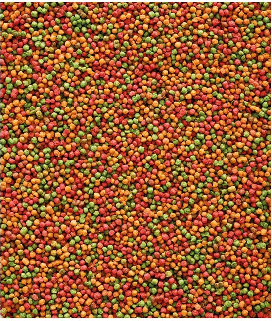 Een close-up van NutriBird B14 pellets in de kleuren groen, rood en oranje.