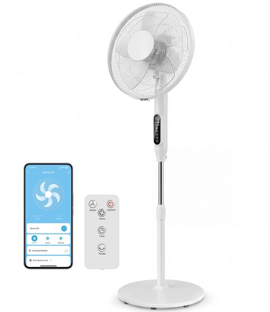 Staande ventilator wit 85° oscillatie verstelbaar 3 snelheden timer stil 45 dB met afstandsbediening