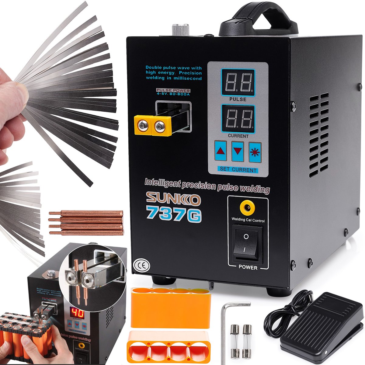 SUNKKO 737G Professionele Puntlasmachine – Voor Batterijcellen & Accupacks – Dubbele Puls – Inclusief Voetpedaal en Nikkelstrips – 18650 Puntlasser