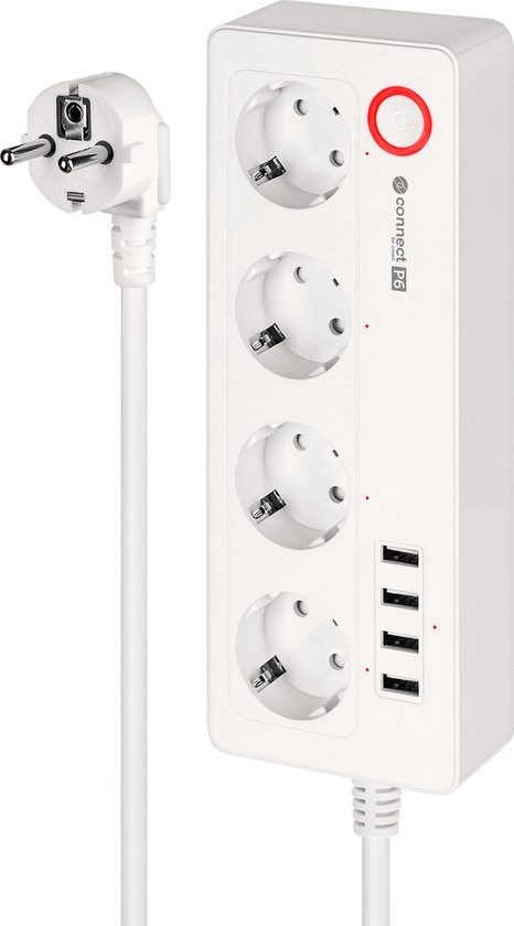 Witte stekkerdoos met 4 stopcontacten, 4 USB-poorten en een aan/uit-knop met rode ring. De stekker is wit en hoekig.