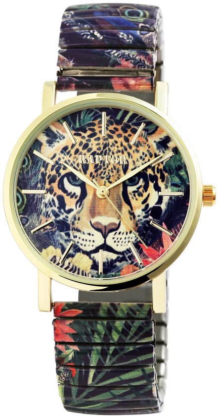 Gouden horloge met luipaardgezicht op wijzerplaat en bloemenband met tropische print.