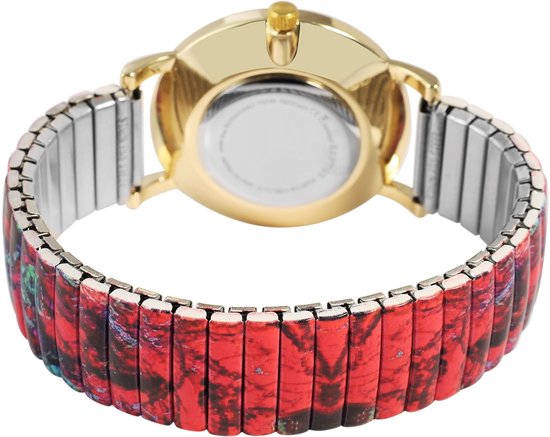 Goudkleurige achterkant van een horloge met veelkleurige band.