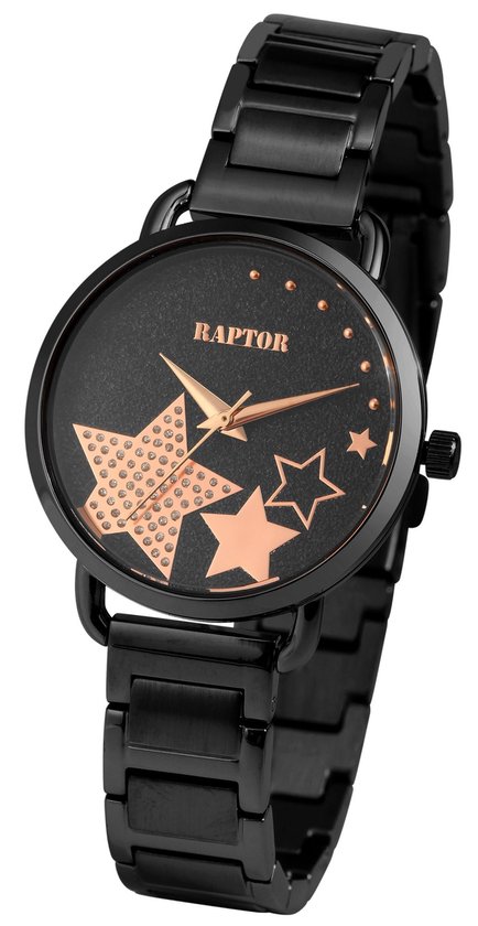 Zwart Raptor horloge met rosegoudkleurige wijzers en sterren met zirkonia op de wijzerplaat.