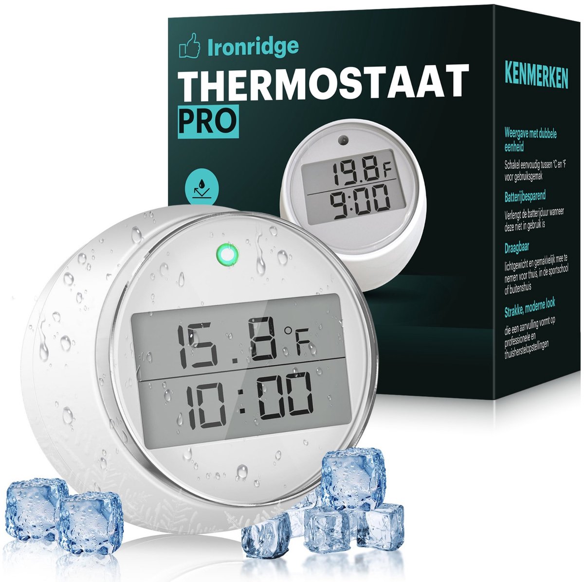 Ironridge Waterdichte Thermometer met Timer – IPX6 – Digitaal – Keuken, BBQ, Bad & Aquarium – Draagbaar – Wit
