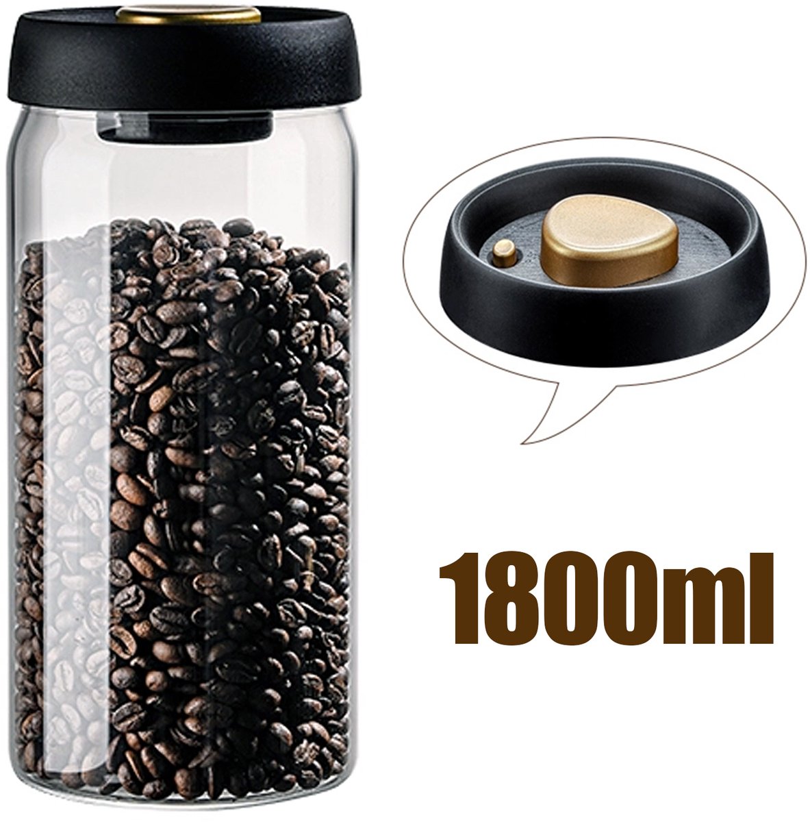 GOODEVN Vacuum koffieblik - 1800ml Luchtdichte Voorraadbus metHandmatige Vacuum Pomp - Behoud de Versheid van Koffiebonenen Gemalen Koffie - Modern en Stijlvol Design - Glas