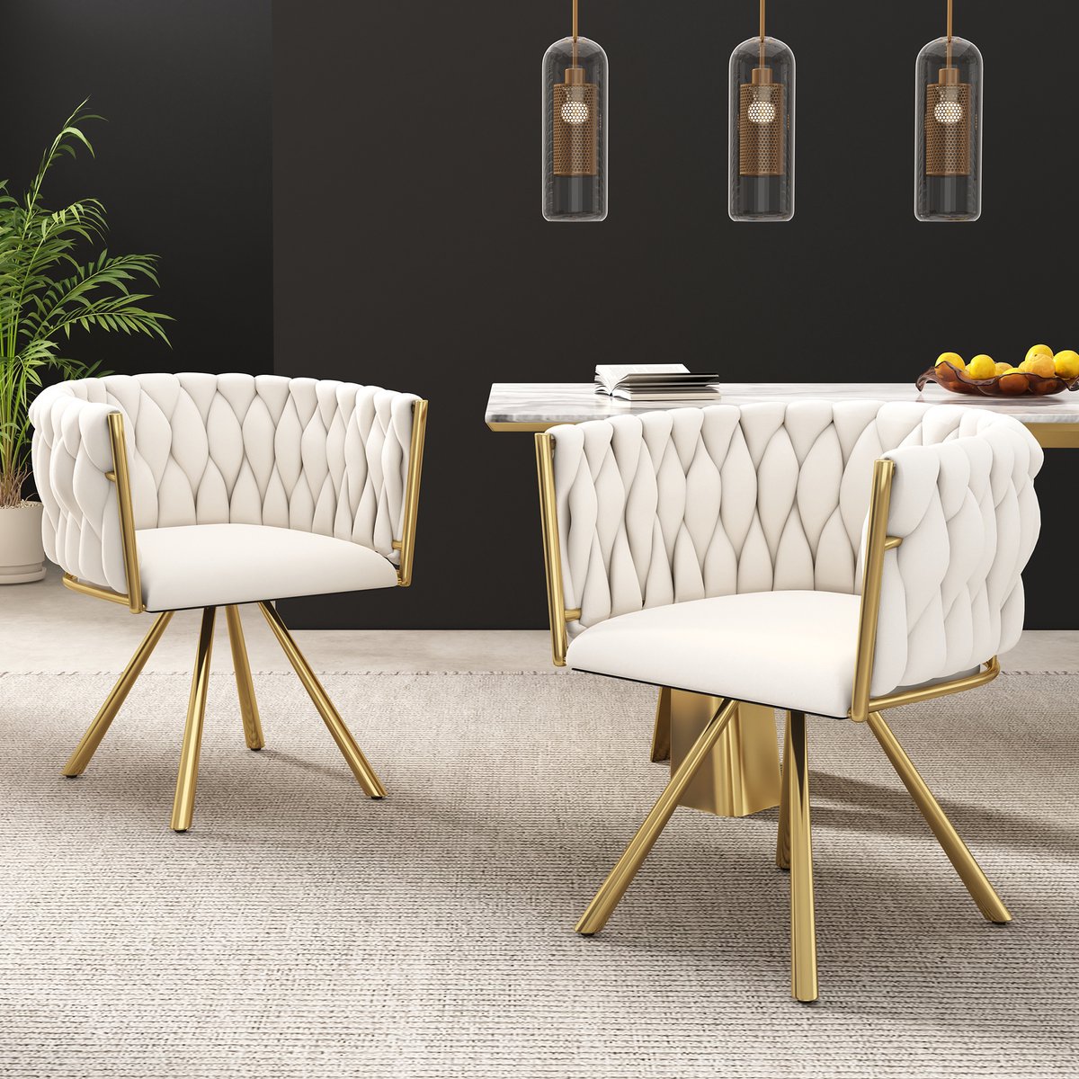 MODENUIT Eetkamerstoel 360° Draaibaar - Met Gebogen Rugleuning - Voor Eetkamer En Woonkamer - Fluweel Beige Goud