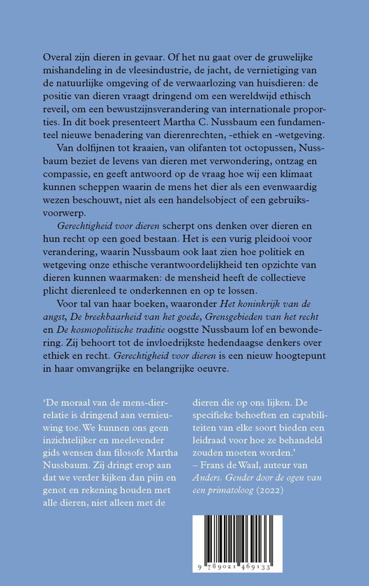Achterkant van het boek 'Gerechtigheid voor dieren' met tekst en een streepjescode.