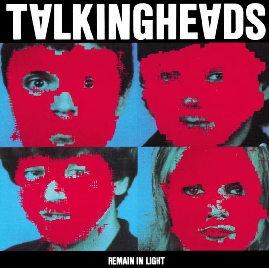 Talking Heads Remain In Light albumhoes: vier gezichten bedekt met rode, pixelachtige maskers.