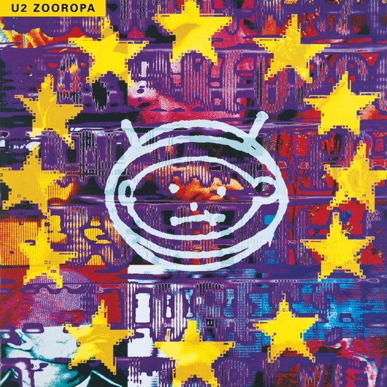 U2 Zooropa hoes met een paars abstracte achtergrond, gele sterren en een witte tekening van een gezicht met antennes.