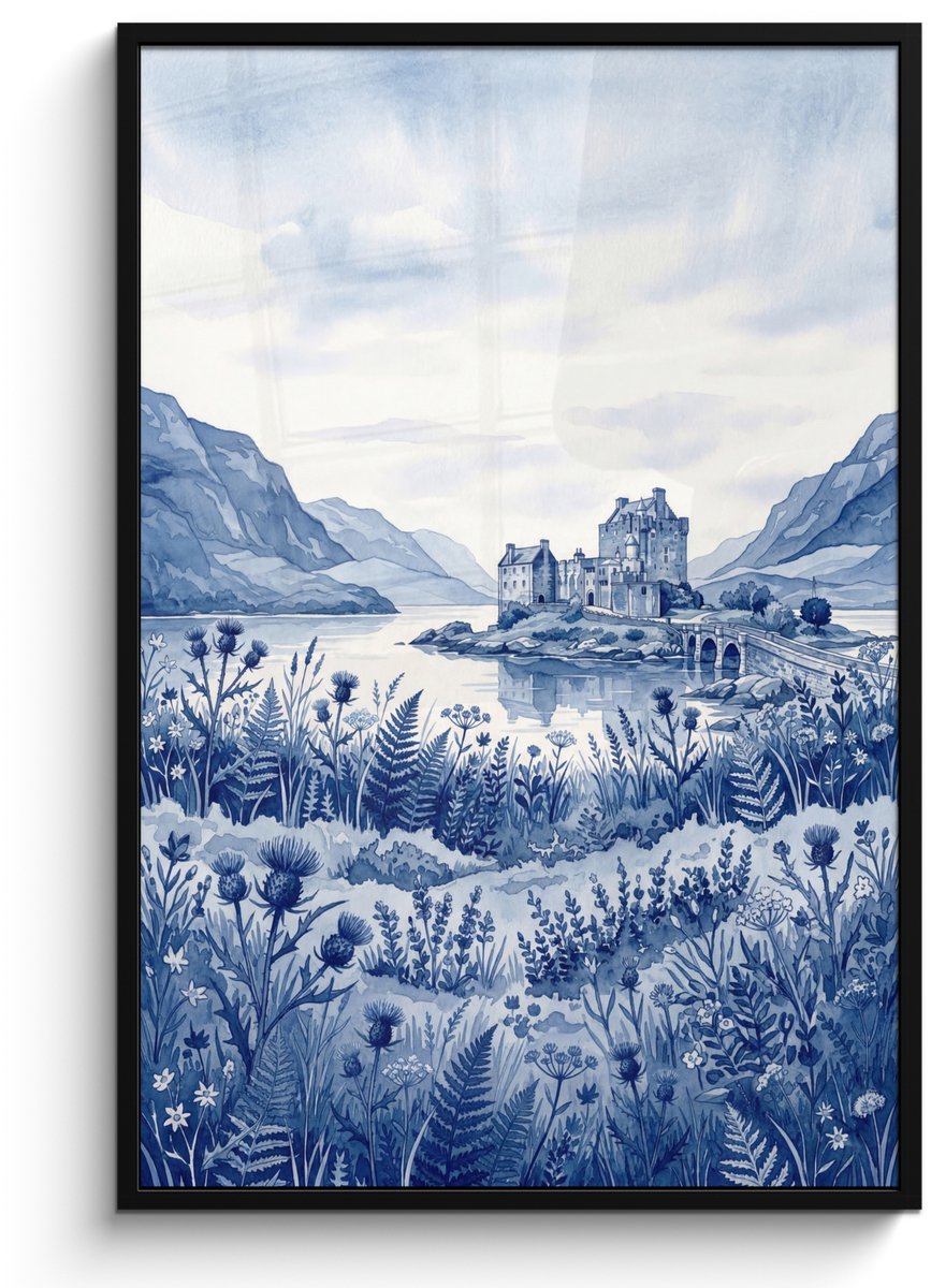 FrameYourWall Poster in lijst - Fotolijst 80x120 cm - Posters - Schots - Kasteel - Blauw - Aquarel - Posterlijst zwart - Decoratie - Wanddecoratie woonkamer - Muurdecoratie slaapkamer
