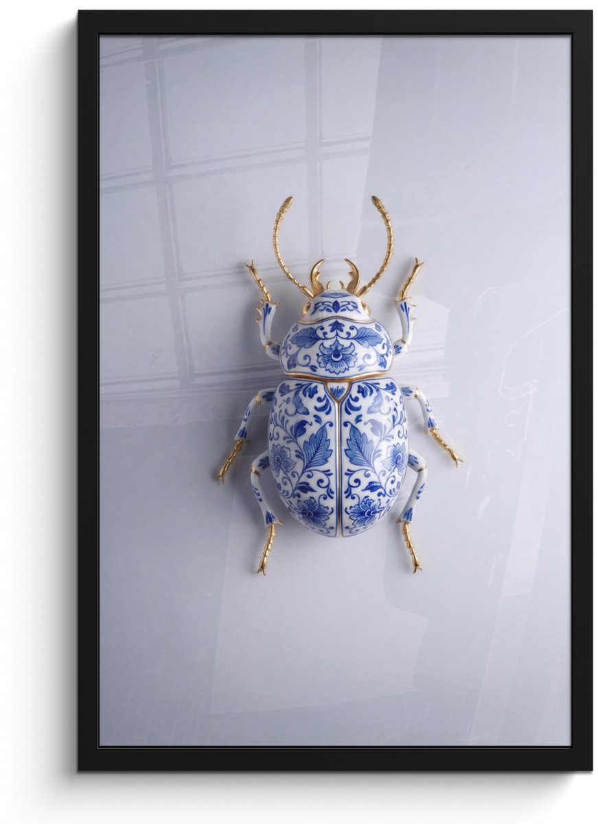 FrameYourWall Poster in lijst - Fotolijst 40x60 cm - Posters - Kever - Delfts - Blauw - Goud - Posterlijst zwart - Decoratie - Wanddecoratie woonkamer - Muurdecoratie slaapkamer