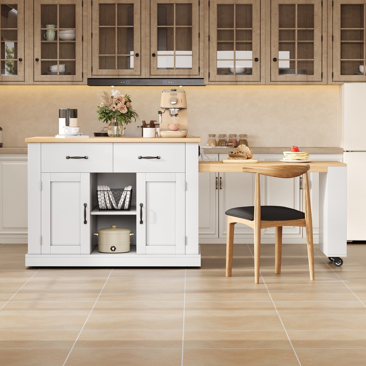 Wishdor Keukeneiland - Uitschuifbare Eettafel - Verstelbare Planken - Modern - Keuken - MDF - Wit Eikenkleur - 132(235) x 70 x 90 cm