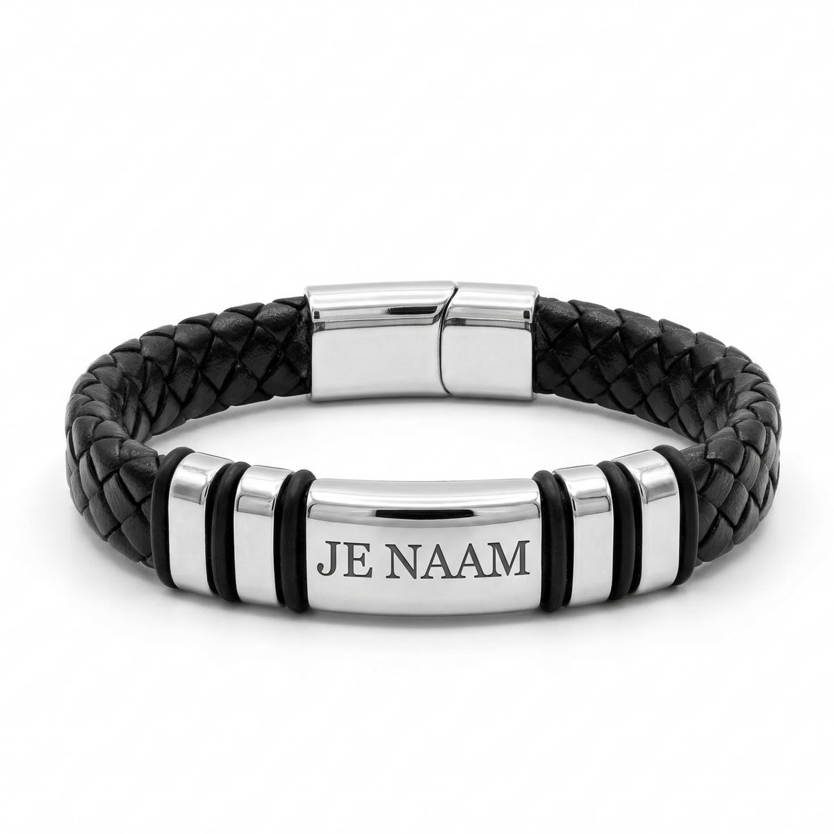Armband met graveer, Armband met naam, Armband met gravure - gepersonaliseerd - zwart gevlochten design - roestvrij staal, Armband met naamplaatje ,graveerarmband
