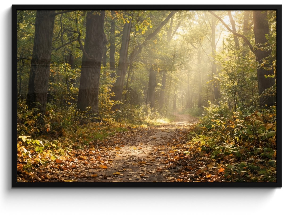FrameYourWall Poster in lijst - Fotolijst 120x80 cm - Posters - Zonlicht - Bospad - Bomen - Posterlijst zwart - Decoratie - Wanddecoratie woonkamer - Muurdecoratie slaapkamer
