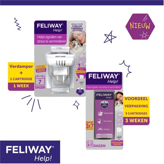 FELIWAY Help! verpakking met diffuser en 1 cartridge voor 1 week. Ook verpakking met 3 navulcartridges voor 3 weken.