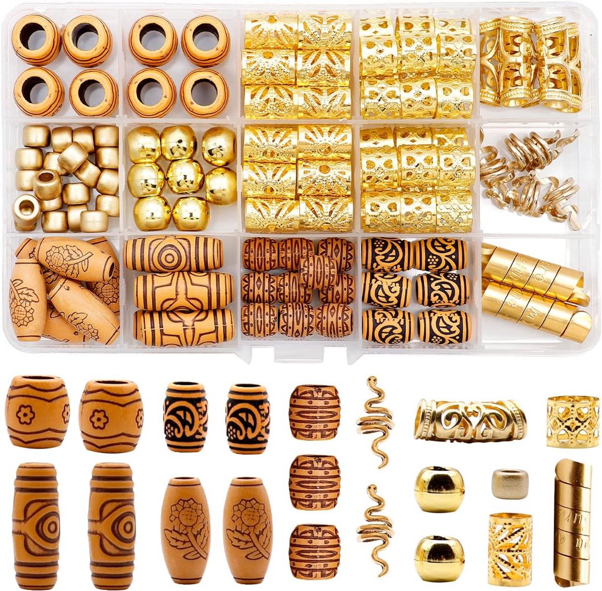 124 Delige Set Haaraccessoires: Gouden Kralen en Cuffs voor Vlechten en Dreadlocks
