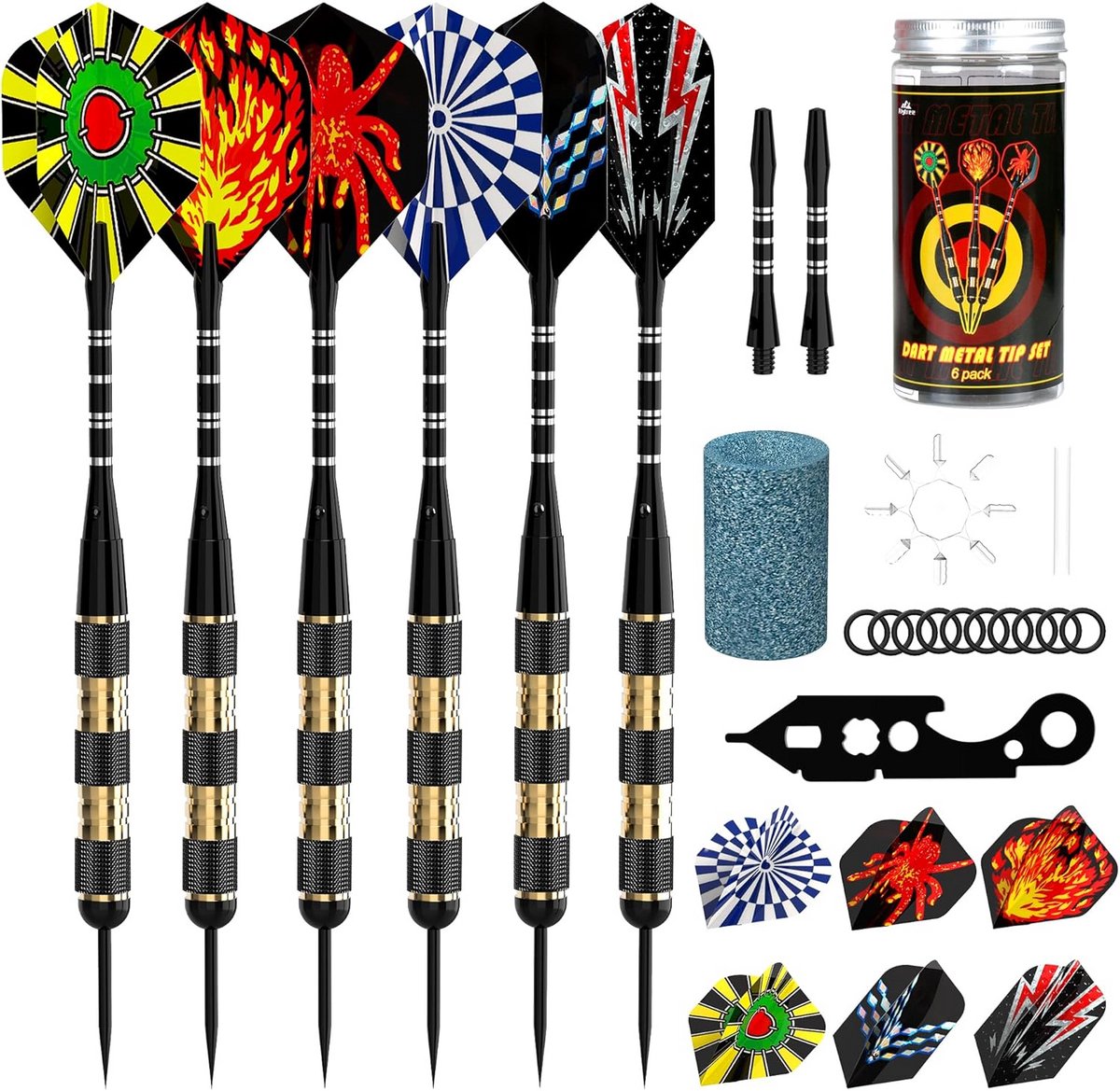 Set van 6 Metalen Dartpijlen 24 Gram - Inclusief Aluminium Schachten, Flights en Onderhoudsset