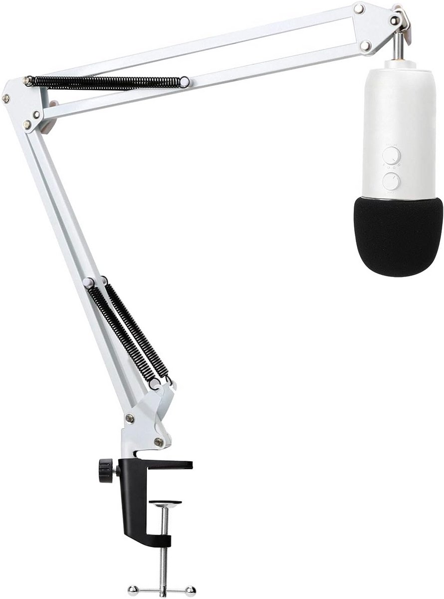 Witte microfoonstandaard met popfilter en foam cover voor Blue Yeti en Blue Yeti Pro microfoons