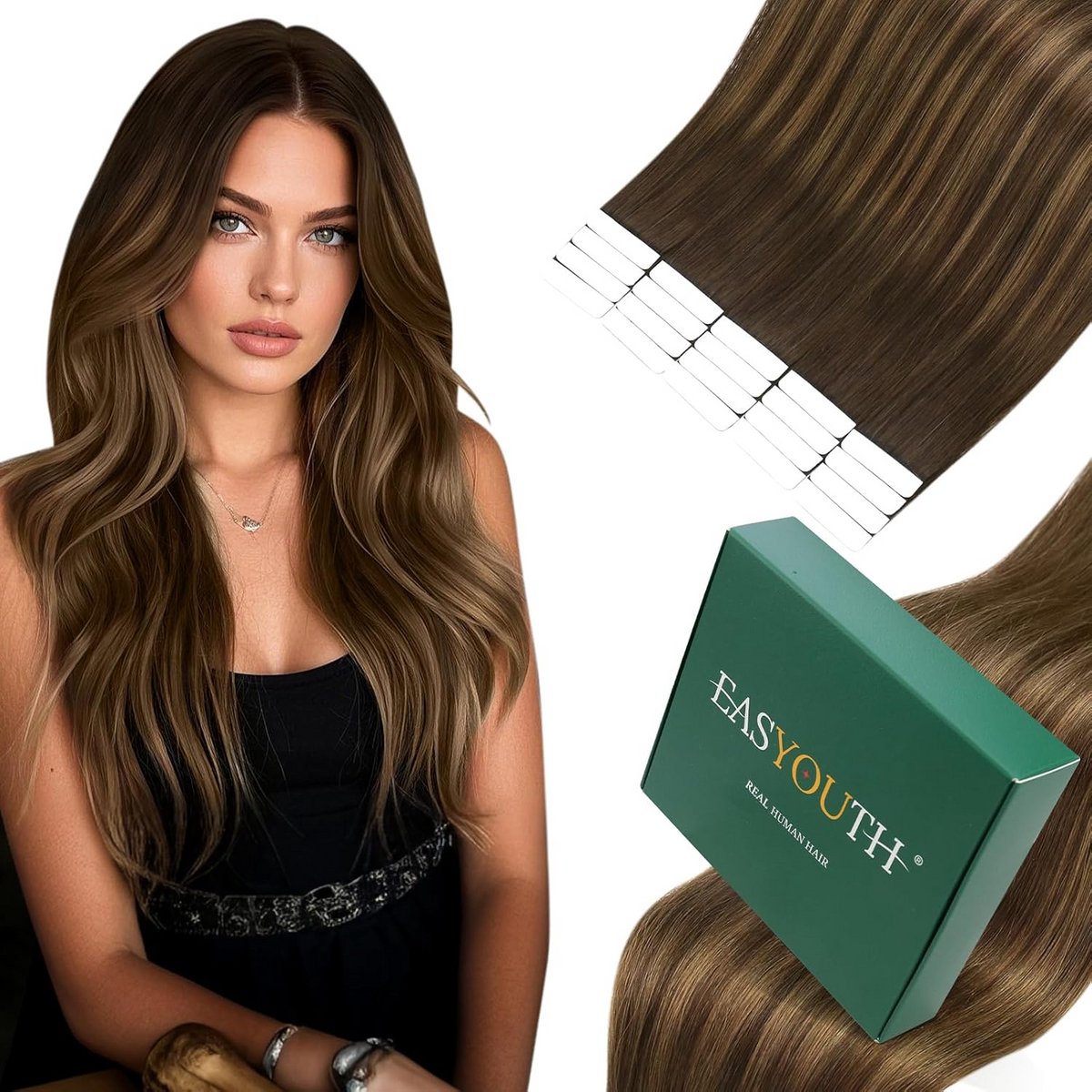Onzichtbare Tape Haarverlenging Remy Echt Haar Mix Donkerbruin