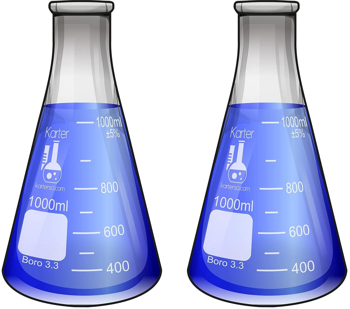 Erlenmeyer Fles 1000ml Smalle Mond met Maatstrepen en Markeerruimte - 2 Stuks