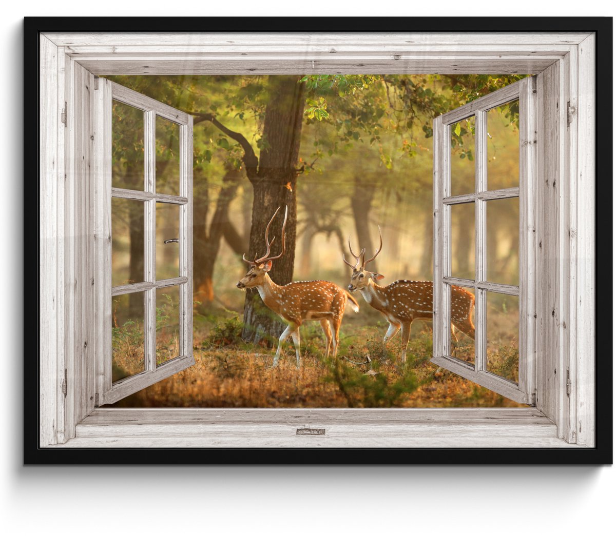 FrameYourWall Poster in lijst - Fotolijst 70x50 cm - Posters - Herten - Bos - Herfst - Bosdieren - Natuur - Hert - Doorkijk - Posterlijst zwart - Decoratie - Wanddecoratie woonkamer - Muurdecoratie slaapkamer