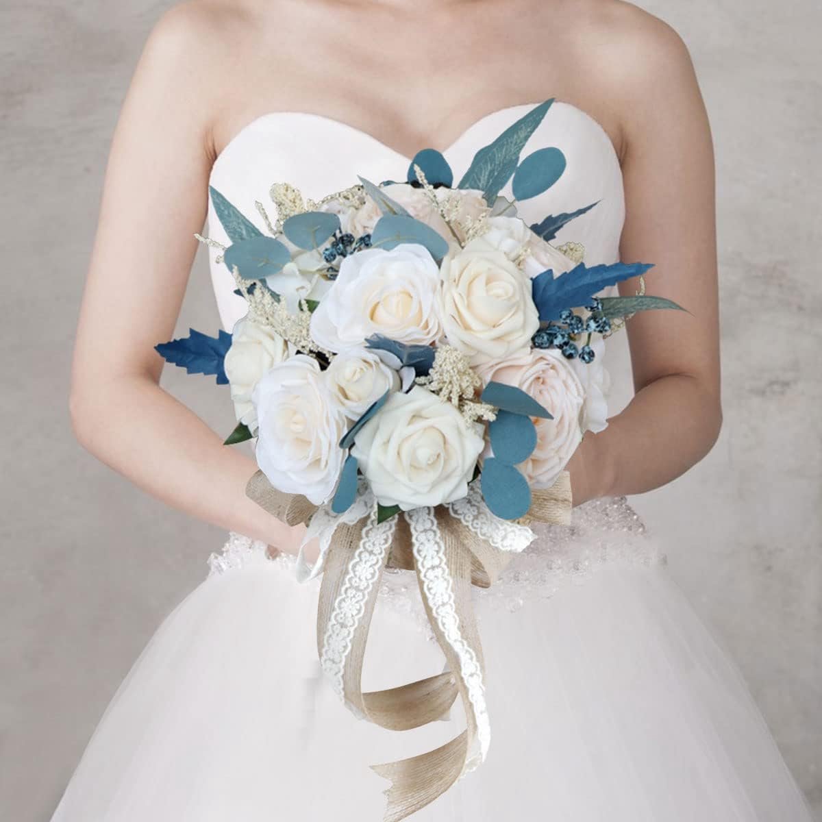 Wedding Bouquet Vintage Style Creamy White Blue Rose Bride Bridal Art Bouquet Bridesmaid Wedding Decoration Bouquets (Large)