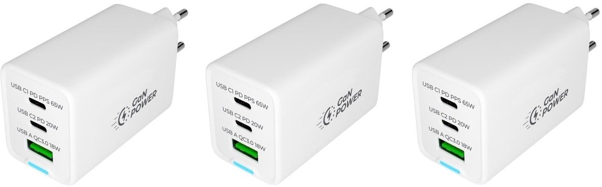3 stuks OneOne 65W super snellader met 3 poorten. USB A en 2x USB C. Compacte GAN Quick Charge lader. PD PPS oplader adapter past op Samsung Galaxy M07, F07, M17, F17, Z TriFold, Tab A11 / A11+, Tab S11 / S11 Ultra, Tab S5e, Tab S6, Tab S7, Tab S8