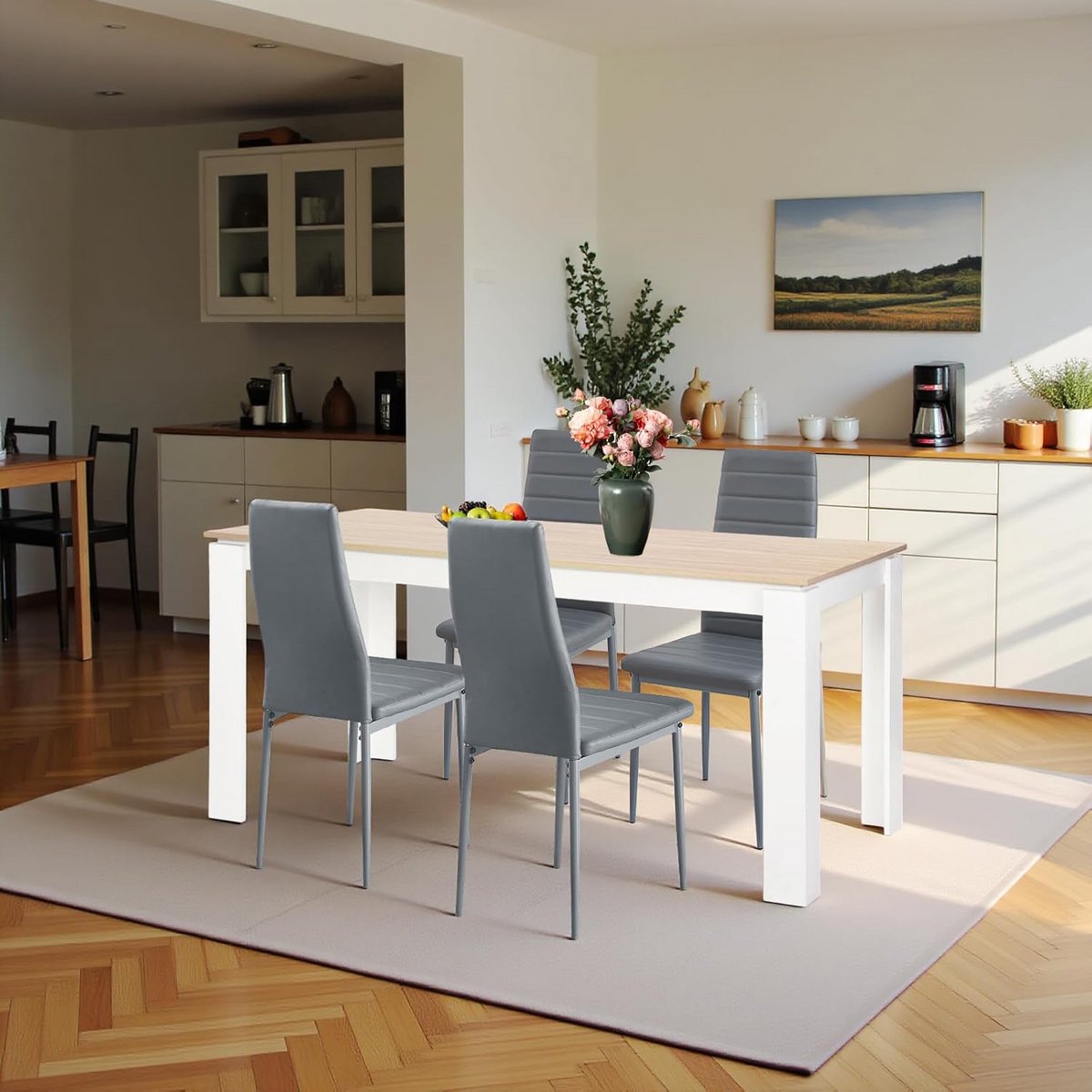 Eettafel Set met 4 Stoelen: Rechthoekig 160 cm Eikenlook Tafel en Kunstleren Stoelen