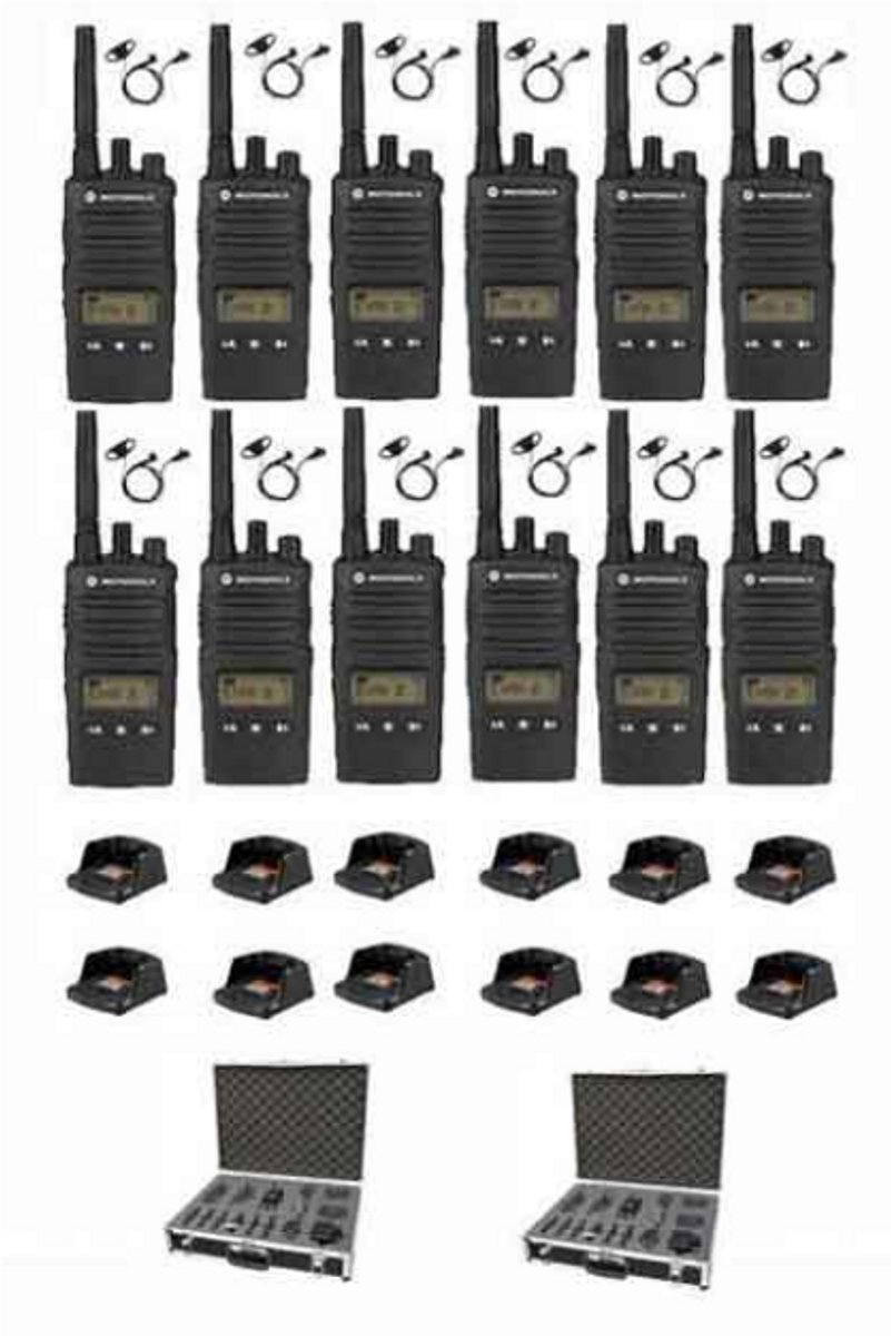Set van 12 Motorola XT460 IP55 PMR446 met D-shape oortje tafellader koffer