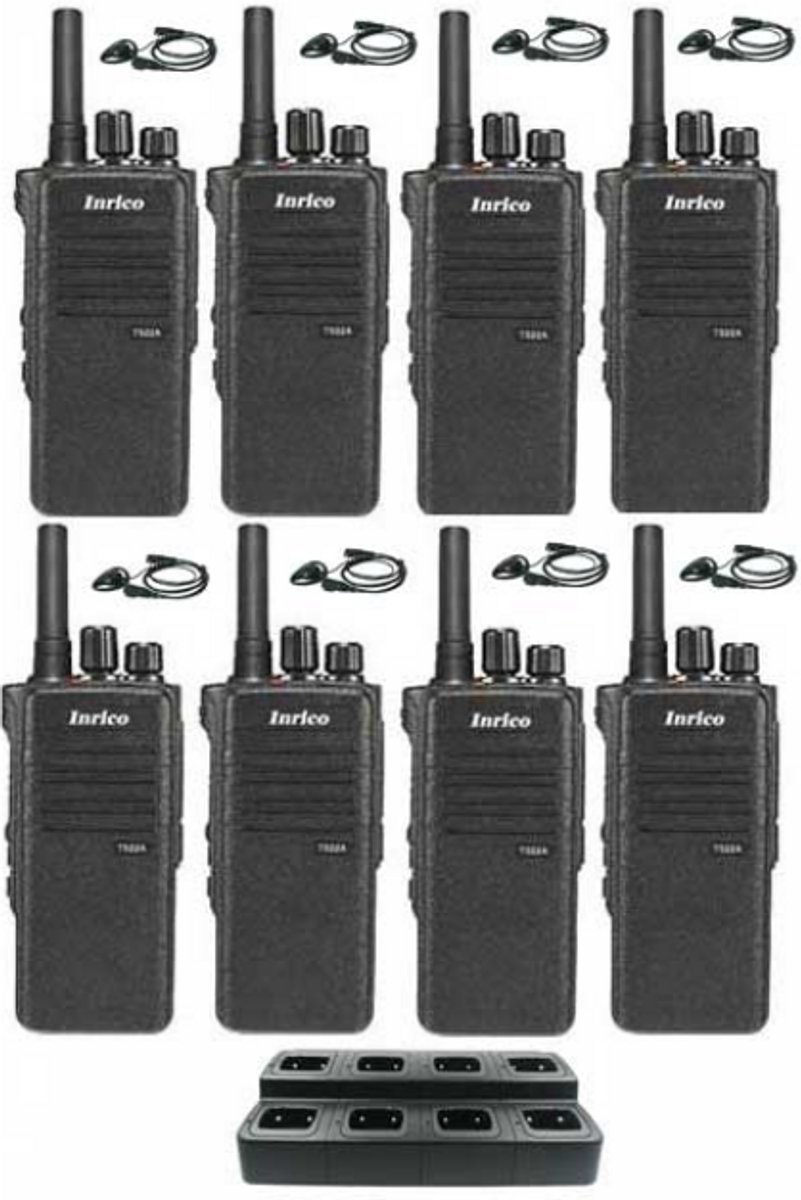 Set van 8 Inrico T522A IP66 4G LTE POC Zello Portofoon K1 2-Pins met multilader en D-shape oortje